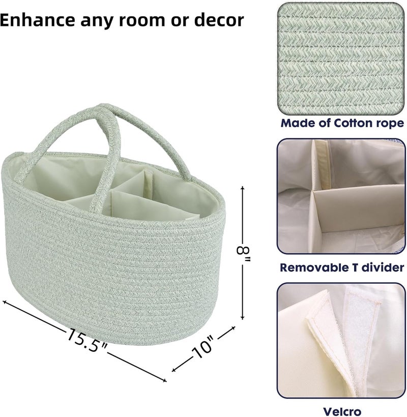 JUNBOLE Diaper Caddy Organizer Cotton Rope Baby Basket Nursery Storage and Portable Tote Bag for Car Ideal Baby Shower Gifts and Registry Must-Have for Newborn Essentials Large light green - Image 2